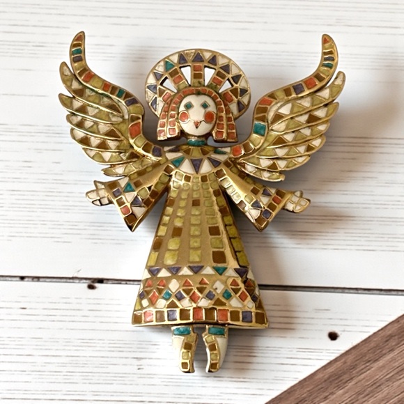 Vintage Bob Mackie Signed Guardian Angel Multi Color Mosaic Enamel Gold Tone Pin